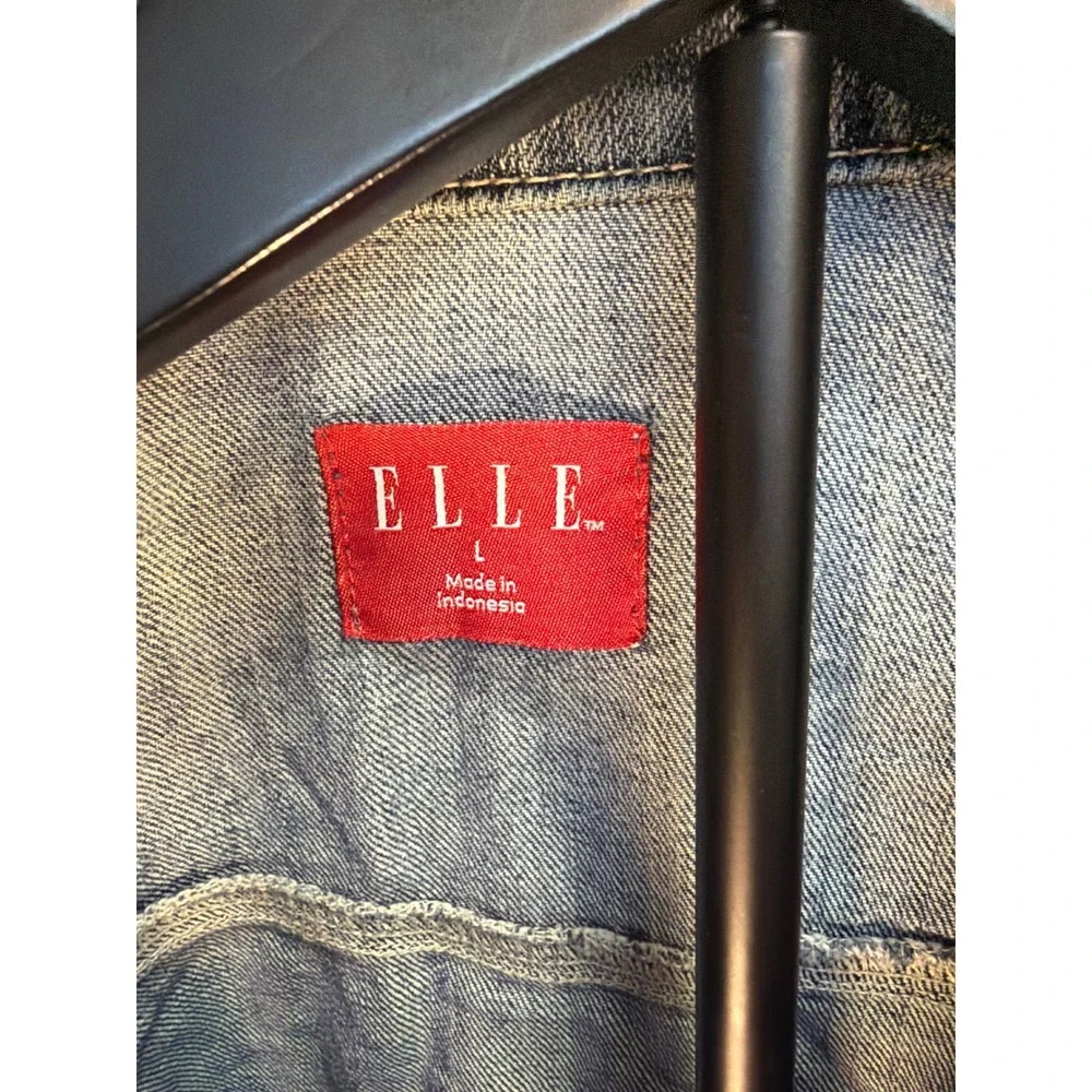Elle Womens Denim Jacket Medium Wash Blue Button Front‎ Jean Jacket Size L